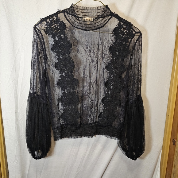 Sheer Gothic Romantic Lace Blouse – Black Puff Sleeve Stretch Top Size L (Peach) - Picture 1 of 6